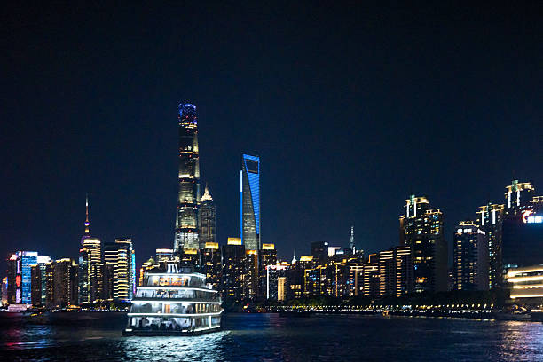 Night view of the Huangpu River on the Bund in Shanghai
