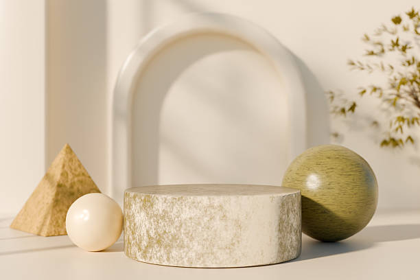 istock Geometric shapes and natural elements in a minimalist still life arrangement. 3d rendering 2227354965
