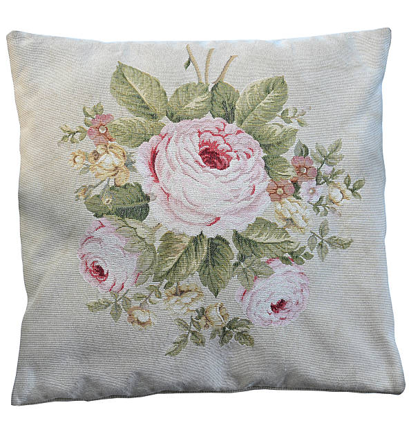 A vintage-style decorative pillow featuring a detailed floral embroidery of pink roses and green leaves on a neutral fabric background. Perfect for cottagecore, shabby chic, and classic home decor themes.