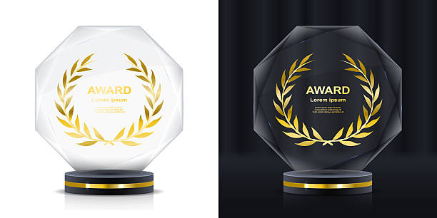 istock Transparent crystal award with glossy reflections and polygonal shape. No inscription. Perfect blank template for customizable trophy illustrations and visual branding. 2227356308