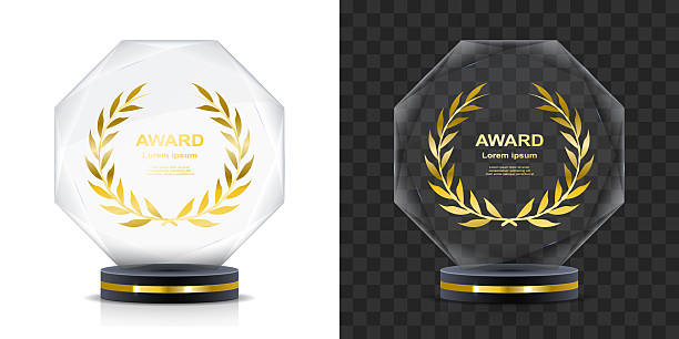 istock Set of glass and crystal trophy designs. Features round, angled, and shield shapes with pedestal base. Great for champion badges, event prizes and top place awards. Transparent background. 2227357134