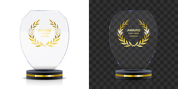 istock 3D glass trophy without any engraving. Polygonal crystal shape with reflective glass effect on transparent background. Vector template for design projects and prize illustrations. 2227357243