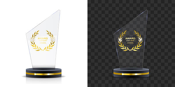 istock Set of glass and crystal trophy designs. Features round, angled, and shield shapes with pedestal base. Great for champion badges, event prizes and top place awards. Transparent background. 2227357460