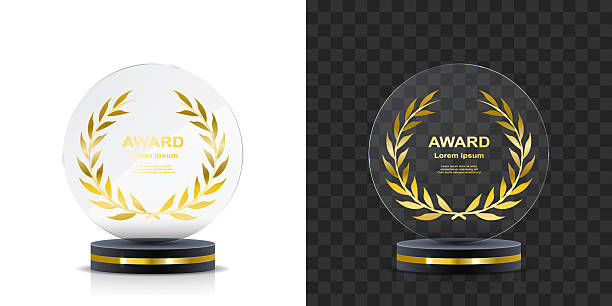 istock Transparent crystal award with glossy reflections and polygonal shape. No inscription. Perfect blank template for customizable trophy illustrations and visual branding. 2227357495