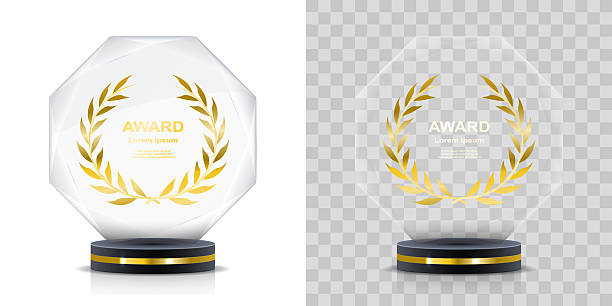 istock Clear crystal cup on square black base. Reward for excellence in competition or leadership. Shiny glass design with golden type. Perfect mockup for professional achievements. 2227357874