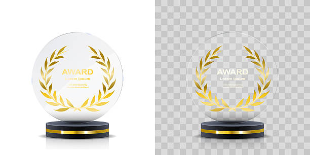 istock Crystal glass trophy with golden lettering on square stand. Realistic premium award for competition, team success, or recognition of talents. 3D vector cup with transparent glossy design. 2227358461