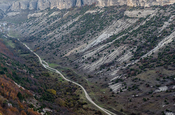 istock Serpentine road through crimean valley amidst rugged hills 2227363601