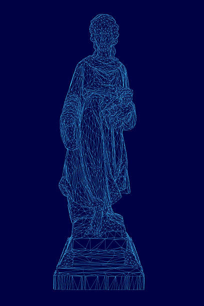 istock A blue wireframe angel statue with hands clasped in prayer stands against a dark blue background. The digital 3D model features clean geometric lines and a futuristic aesthetic. 2227364650