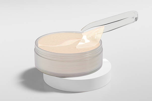 istock hydrating under eye patches packaging mockup, translucent plastic jar for eye mask, Hydrogel eye mask in frost glass cylindrical Container, anti-wrinkle patches in round packaging with screw lid 2227365520