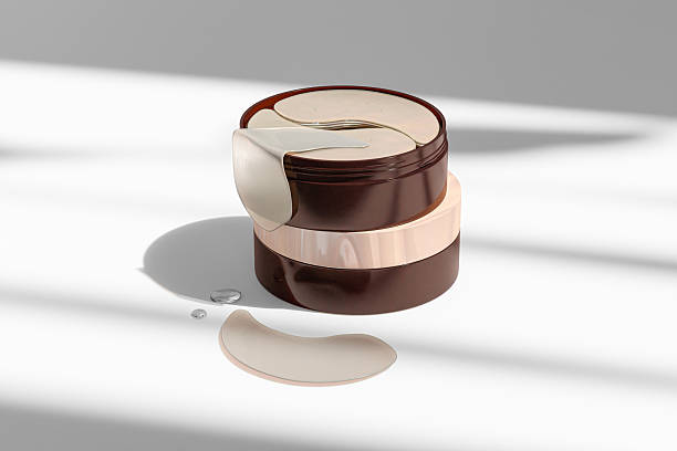 istock Under Eye Patches packaging mockup, Hydrogel eye mask in cylindrical Container with black plastic screw lid, luxury anti-wrinkle product in amber plastic cosmetic jar, round organic skincare concept 2227365594