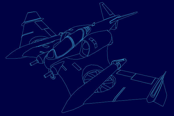 istock A sleek fighter jet is outlined in white against a deep blue background. The crisp contour highlights the combat-ready design with sharp details. 2227366203