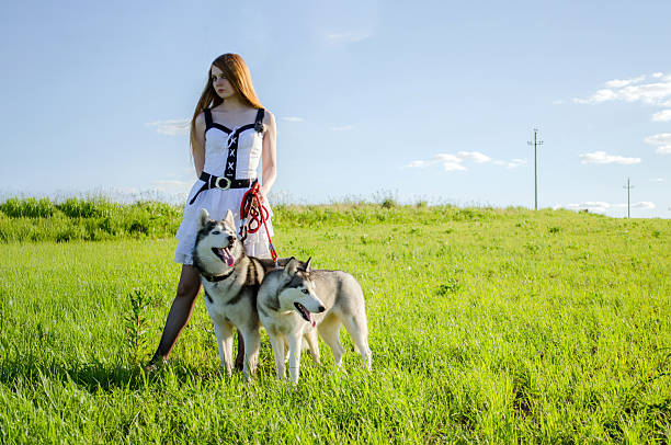 istock Young woman with huskies in sunny meadow 2227367291