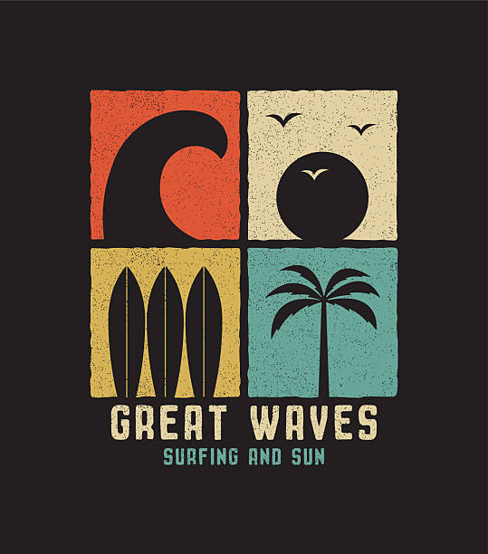 Abstract surfing t-shirt design with palm tree, surfboards, wave, sun and slogan. Retro tee shirt with grunge for surf club. Graphics for clothes, print product and apparel. Vector illustration.