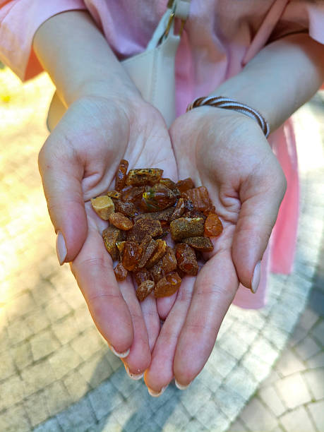 Hands presenting raw amber stones in sunlit outdoor setting