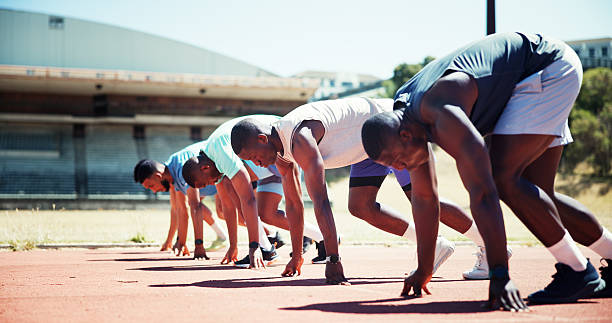 istock Group, people and starting line for race for exercise, training and competition for marathon. Athlete, men and runners preparation for fitness event, performance and sports challenge for tournament 2227383534