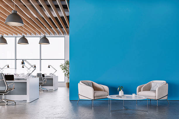 istock Modern Office Interior with azure blue wall and Minimalist Lounge Area 2227385683