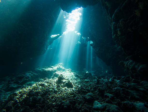 istock Sunlight sunbeams dancing in underwater cave 2227389154