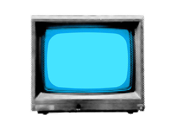 Realistic Halftone Effect Illustration of a Retro TV in Vintage Monochrome Style, Evoking Nostalgia for Classic Broadcast Media