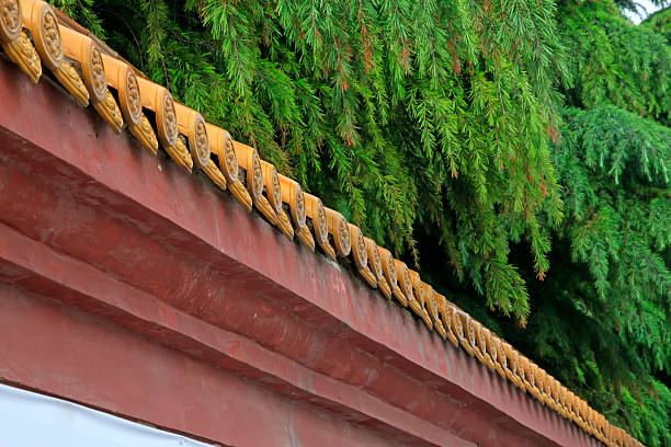 traditional Chinese architectural style yellow glazed tile wall, closeup of photo