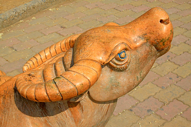 Buffalo head sculpture in a park, closeup of photo