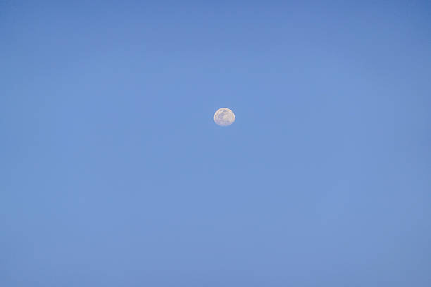 Against a flawless cerulean sky the daytime moon hovers, chalk‑white and crisply etched. No clouds dilute the scene; only subtle tonal gradations hint at atmospheric depth. The extreme simplicity invites quiet contemplation of scale—our planet’s satellite rendered small yet certain, anchoring an otherwise minimal frame. Such clear‑sky moons often appear in dry plateau climates where humidity is low and light scattering minimal. The photograph becomes a meditation on emptiness and celestial routine viewed from Earth’s bright side.