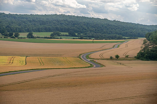 istock Reims, France - 06 26 2025: Panoramic view of cultivated fields with graphical lines, a winding road, trees and hills along the railway line 2227397066