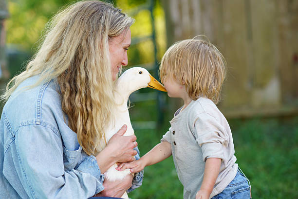 A heartwarming moment of a parent and child bonding with a white duck outdoors, surrounded by nature.
