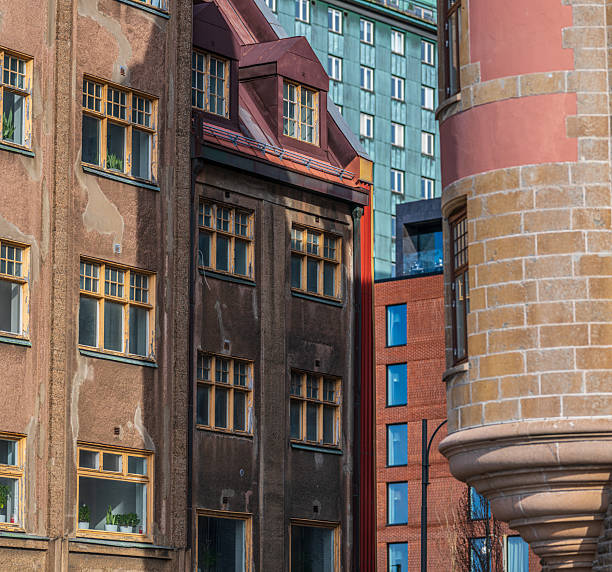 Historic and modern buildings create urban contrast.