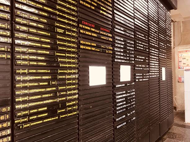Schedules displayed on departure board in busy train station