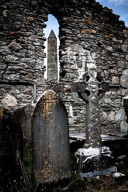 A low angled view of an old and weathered Celtic cross with plenty of space for copy and text.
