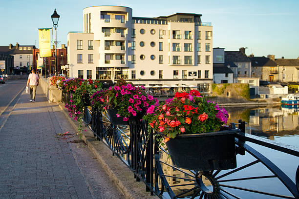A scenic view in Ireland showcasing a vibrant display of flowers along a bridge, with buildings reflecting in the water.