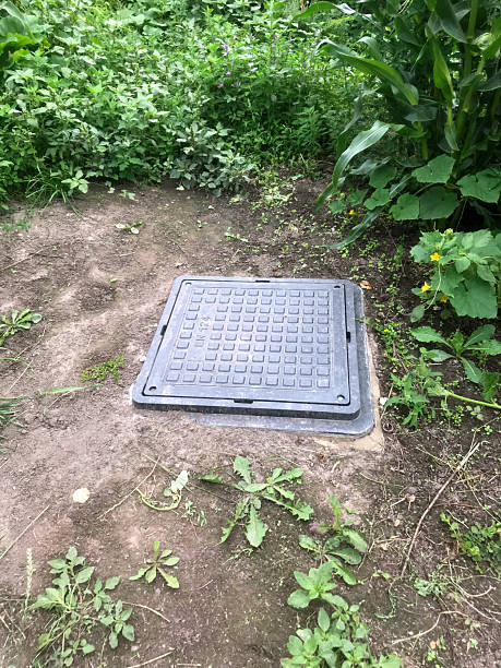 istock Manhole cover surrounded by overgrown grass in a garden setting 2227403474