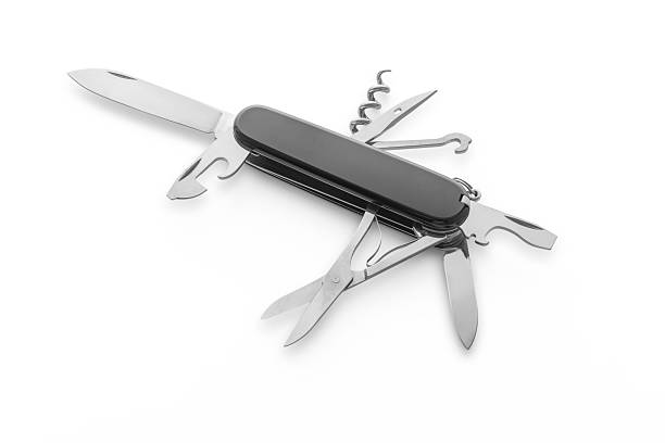Multifunction army pocket folding knife isolated on white background