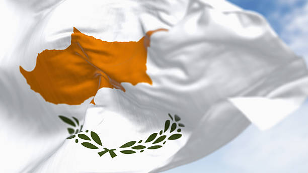 Cyprus national flag waving on a clear day. White flag with two olive branches under the dark orange map of the whole island. 3d illustration render. Fluttering fabric. Close-up. Selective focus