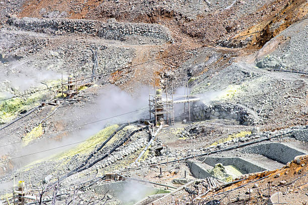 Steam and sulpher coming from steaming vents in volcanic steam vent area of Owakudani in the Hakone mountains, Japan