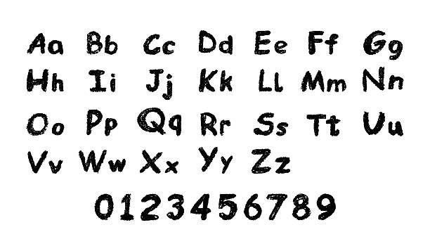 istock English alphabet and numbers 0-9, hand-drawn in a black wax crayon or chalk style on a board. Highlighter effect, perfect for kindergarten drawing, learning, and creative design. Vector illustration. 2227428558
