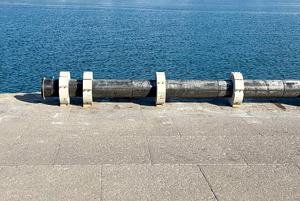 Underwater oil pipelines in coastline with copy space. Industrial pipes in coastline