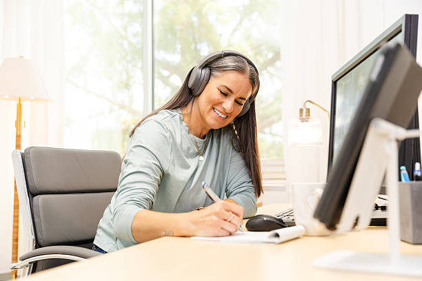 istock Smiling Woman Works From Home Office Using Laptop 2227430461
