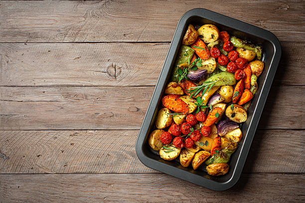 istock Organic oven baked vegetables on baking tray 2227431182
