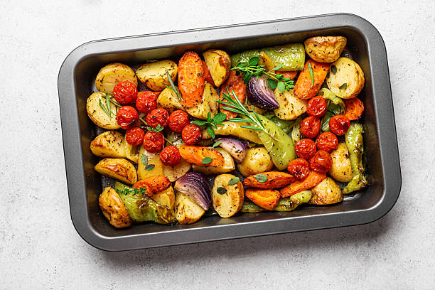 istock Organic oven baked vegetables on baking tray 2227431185