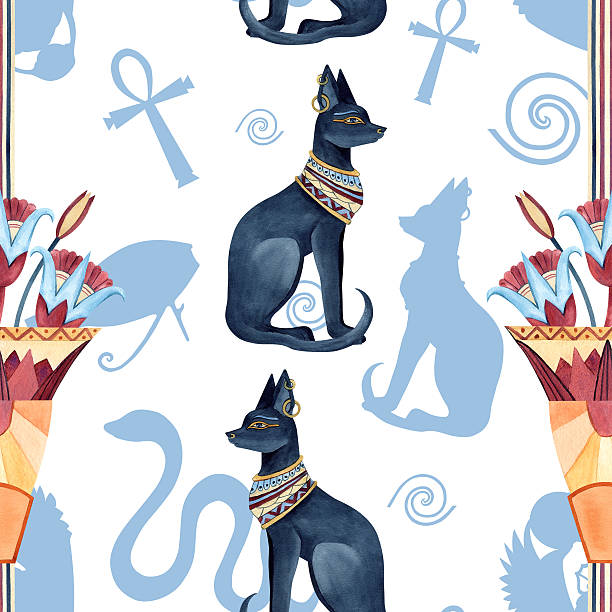 istock Egyptian seamless pattern with Bastet and sacred lotus in ancient vase, Ankh. Religion icon, symbol. Ornament abstract shadows. Watercolor illustration isolated from background with blue graphics 2227431792