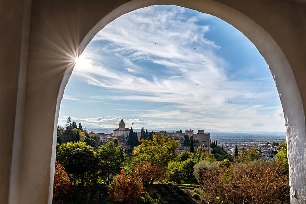 Alhambra Arch Granada Cityscape in Andalusia Spain. Alhambra Castle Arch Intricade Moorish Designs Cityscape Granada Andalusia Spain