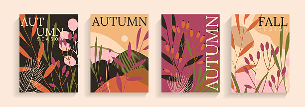 Set of modern Autumn themed cards, covers, vertical banners. Japanese style template for design, print. Abstract background perfect for flyers, social media, ads, promo. Vector illustration