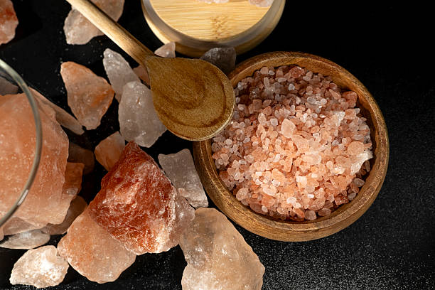 Himalayan salt in a bowl and a jar - seen from above