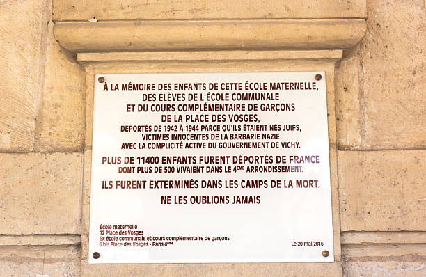 Paris, France: A plaque on a school in the Place des Vosges (4th arrondissement) commemorating the 400+ deaths of Jewish school children in the 4th arrondissement deported and killed by the Nazis and the Vichy Government in WWII.