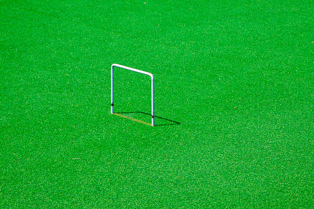 Young focused female field hockey player on the pitch dribbling the ball