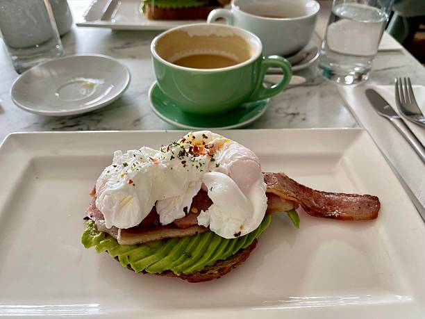 istock Poached eggs and avocado slices with bacon 2227459398