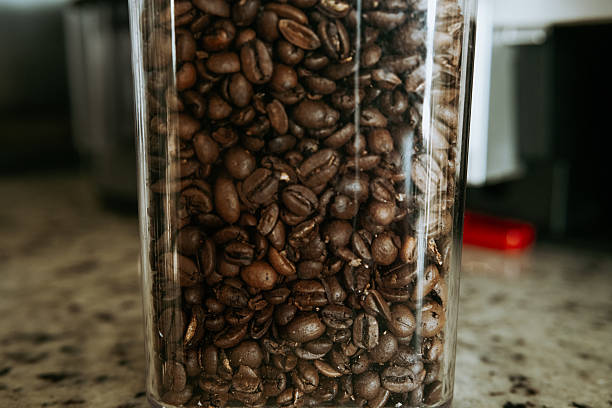 istock Coffee beans stored in a glass container on a kitchen countertop near a brewing machine 2227468014