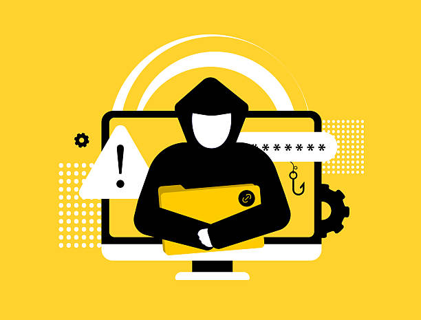 Cybersecurity threat with hacker stealing password, phishing attack, malware alert and identity theft risk. Cybersecurity threat due to growing cybercrime and data breach. Modern vector illustration Cybersecurity threat with hacker stealing password, phishing attack, malware alert and identity theft risk. Cybersecurity threat due to growing cybercrime and data breach. Modern vector illustration. dark web stock illustrations