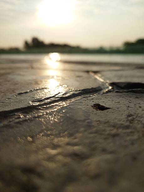 istock Sunset reflection on a wet, textured ground. Warm light and blurred background create a serene natural setting 2227471449